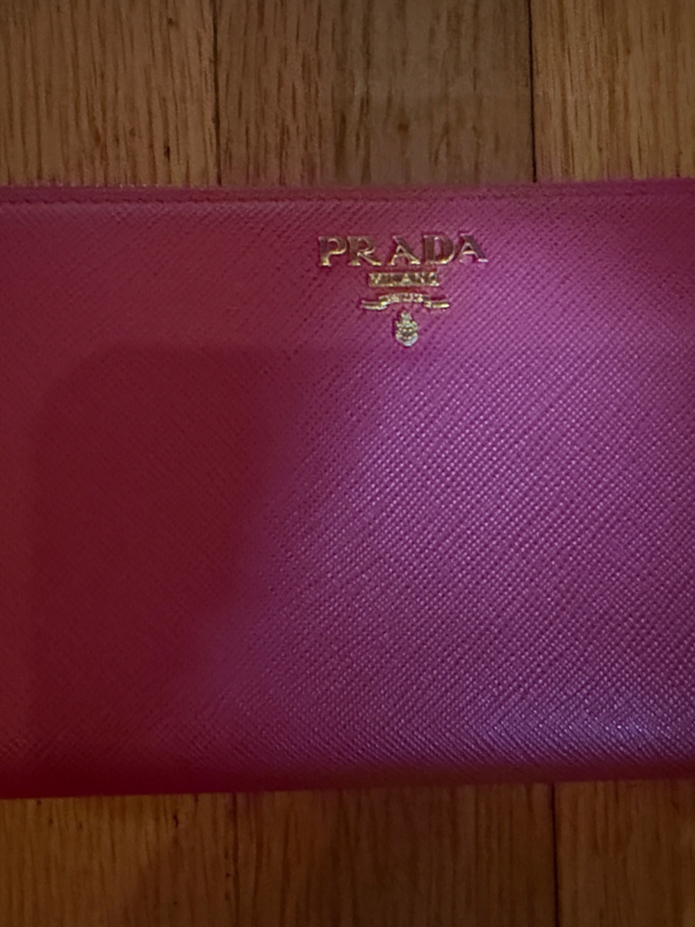 Prada Fuchsia Zip-Around Saffiano Leather Wallet with Gold Logo